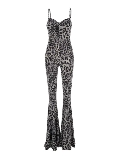 NORMA KAMALI GREY JUMPSUIT WITH ADJUSTABLE SHOULDER STRAPS AND ALL-OVER LEOPARD MOTIF IN TECH FABRIC STRETCH WOMA