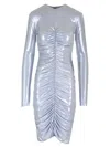Norma Kamali Long Sleeve V Neck Shirred Front Dress To Knee In Large Houndstooth In Light Blue