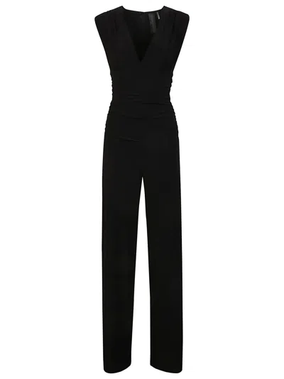 Norma Kamali Sleeveless V-neck Jumpsuit Cinched Waist In Black
