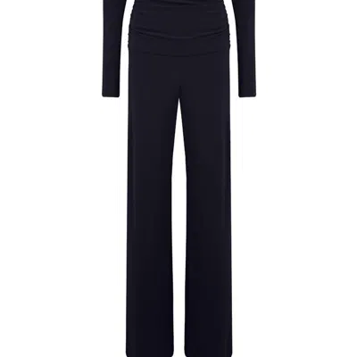 Norma Kamali V Neck Longsleeve Shirred Waist Jumpsuit In Midnight In Gold