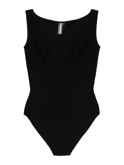 Norma Kamali Tara Black Top With V-neck And Ruffle Details In Tech Fabric Woman