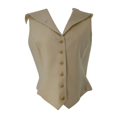 Pre-owned Norma Kamali Vintage 1980s Cream Wool Hooded Button Front Vest 10 In White