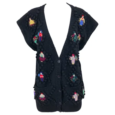 Pre-owned Norma Kamali Vintage  1980s Avant Garde Doll Appliqués Black Wool Sweater Vest