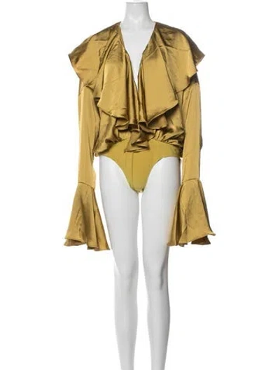 Pre-owned Norma Kamali V-neck Long Sleeve Bodysuit W/ Tags In Yellow