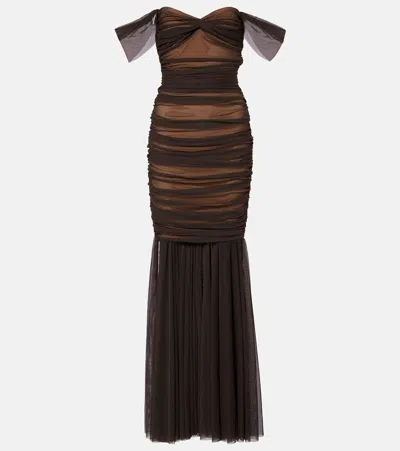 Norma Kamali Walter Ruched Mesh Gown In Brown