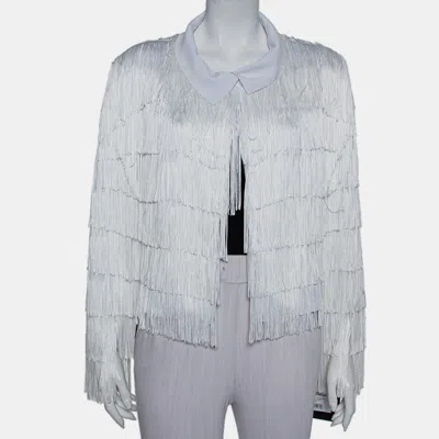 Norma Kamali White Knit Fringed Open Front Collared Jacket In Gray