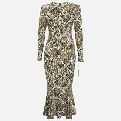 Pre-owned Norma Kamali White/green Python Print Jersey Fishtail Maxi Dress S