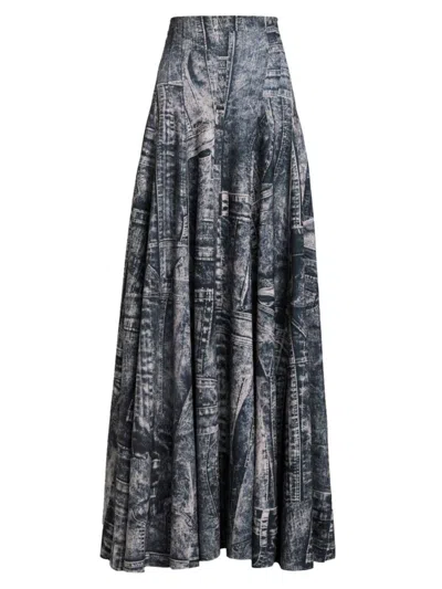 Norma Kamali Women's Grace Print A-line Long Skirt In Black Navy Denim Print