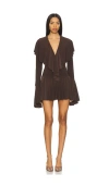 Norma Kamali X Revolve Long Sleeve Deep V Ruffle Mini Dress In Brown