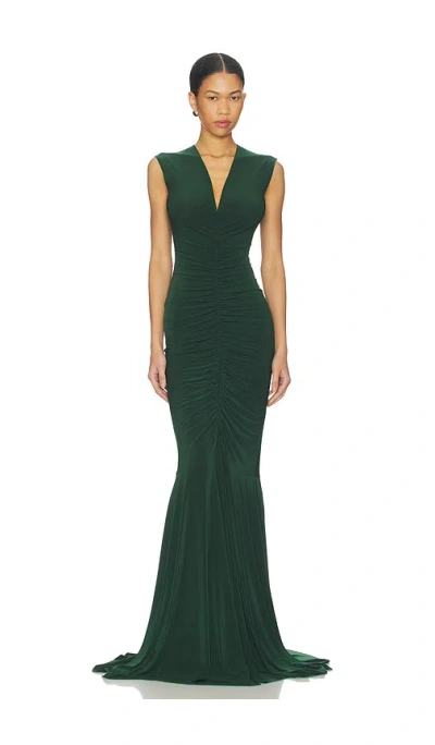 Norma Kamali X Revolve Sleeveless Deep V Neck Shirred Front Fishtail Gown In Green