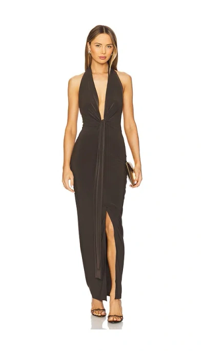 Norma Kamali X Revolve Tie Front Halter Gown In 浓咖啡色