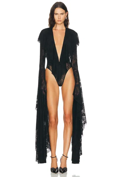 Norma Kamali Xl Sleeve Deep V Ruffle Bodysuit In Black & Dark Nude Mesh