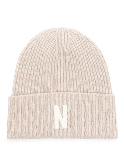 Norse Projects Merino Lambswool Rib N Logo Beanie In Oatmeal