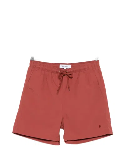 Norse Projects Logo-embroidered Drawstring Swim Shorts In Red
