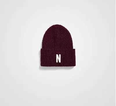 Pre-owned Norse Projects Merino Lambswool Rib N Logo Beanie In Burgundy