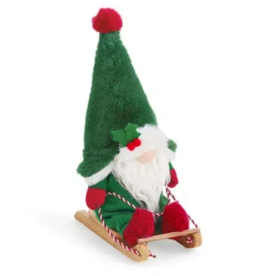North Pole Trading Co . 11in Sled Christmas Gnome In Green