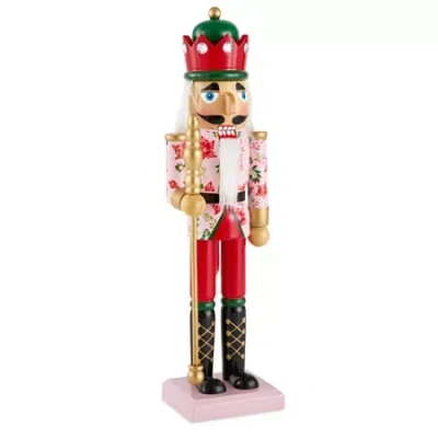 North Pole Trading Co . 14in Floral Jacket Wood Christmas Nutcracker In Red