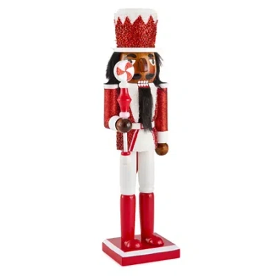 North Pole Trading Co . 14in Pepermint Staff African American Wood Christmas Nutcracker In Red