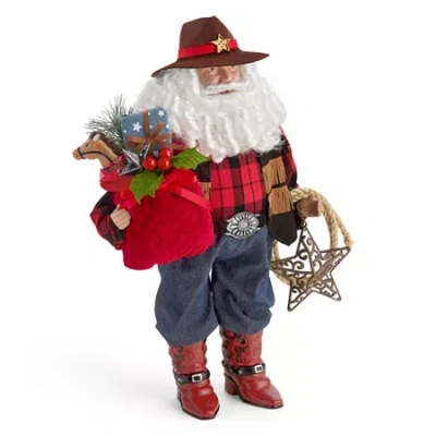 North Pole Trading Co . 18in Cowboy Christmas Santa Figurine In Red