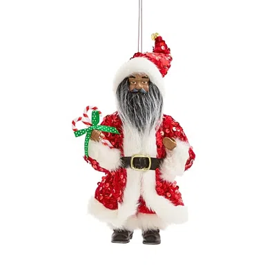 North Pole Trading Co . African American Candy Cane Jumbo Santa Christmas Ornament In Red