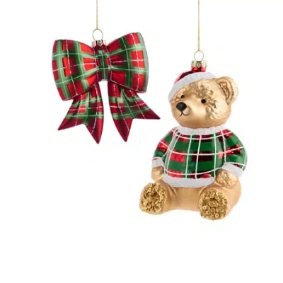 North Pole Trading Co . Bear And Bow Set 2-pc. Christmas Ornament In Red