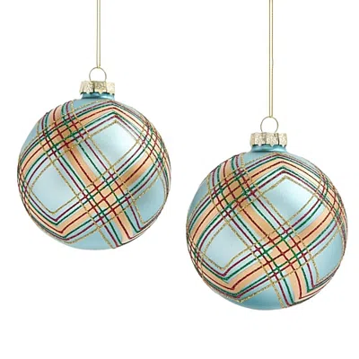 North Pole Trading Co . Blue Plaid Ball 2-pc. Christmas Ornament