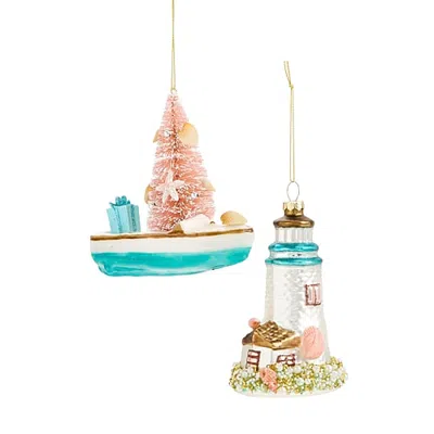 North Pole Trading Co . Coastal Lighthouse And Boat 2-pc. Christmas Ornament In Blue