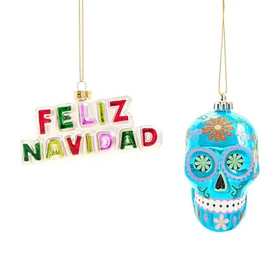 North Pole Trading Co . Feliz Navidad And Skull 2-pc. Christmas Ornament In Blue