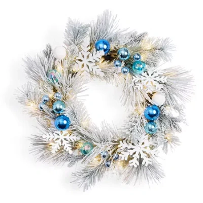 North Pole Trading Co . Flocked Snowflake Wreath In Blue