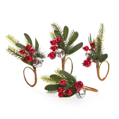 North Pole Trading Co . Holly Berry 4-pc. Napkin Rings In Green