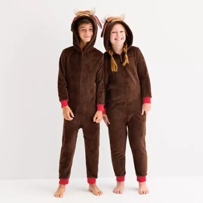 North Pole Trading Co . Moose Little & Big Kid Unisex Plush Hooded Long Sleeve Matching Family One Piece Pajama In Brown