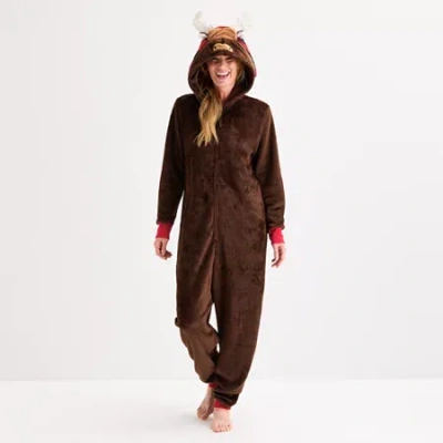 North Pole Trading Co . Moose Unisex Adult Plush Hooded Long Sleeve Matching Family One Piece Pajama In Brown