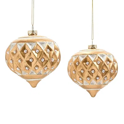 North Pole Trading Co . Pearl Embed Textured 2-pc. Christmas Ornament In Yellow