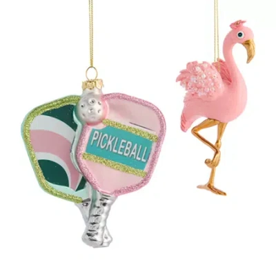 North Pole Trading Co . Pickleball And Flamingo Set Christmas Ornament In Pink