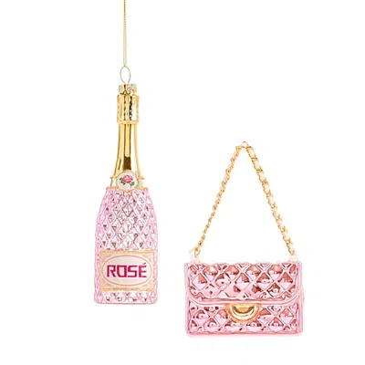 North Pole Trading Co . Pink Champagne And Handbag 2-pc. Christmas Ornament