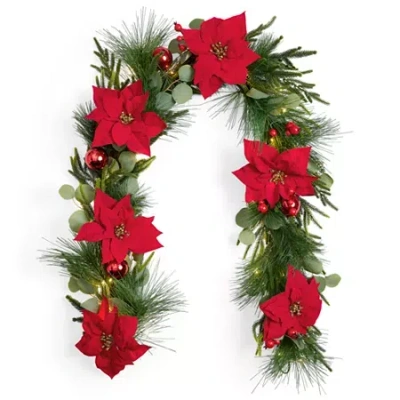 North Pole Trading Co . Red Poinsettia Christmas Indoor Garland