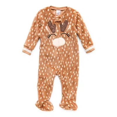 North Pole Trading Co . Reindeer Baby Unisex Plush Crew Neck Long Sleeve Matching Family Footed Pajamas In Brown