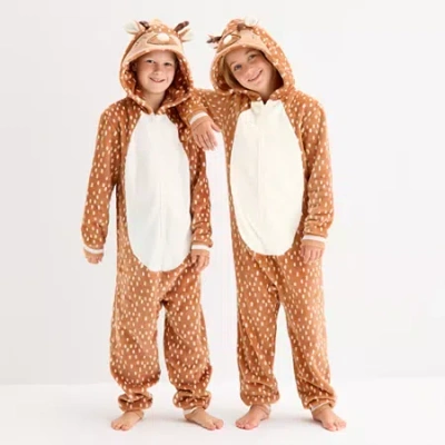 North Pole Trading Co . Reindeer Little & Big Kid Unisex Plush Hooded Long Sleeve Matching Family One Piece Pajama In Brown