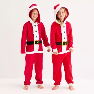 North Pole Trading Co . Santa Little & Big Kid Unisex Microfleece Hooded Long Sleeve Matching Family One Piece Pajama In Red