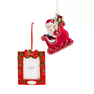 North Pole Trading Co . Santa Sleigh And Frame Set 2-pc. Christmas Ornament In Red