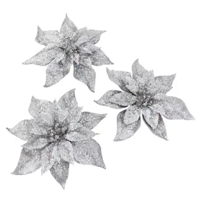 North Pole Trading Co . Silver Poinsettia Clip Set 3-pc. Clips