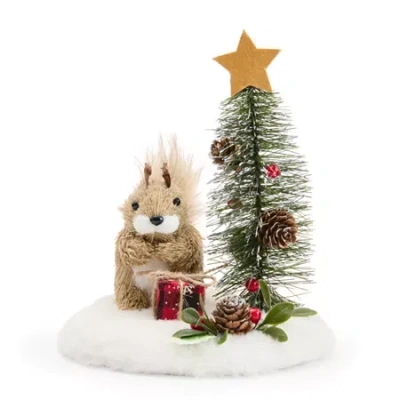 North Pole Trading Co . Sisal Squirrel With Tree Christmas Tabletop Decor In White