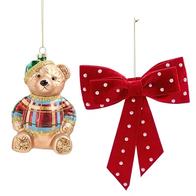 North Pole Trading Co . St Plaid Teddy Bar Ad Vlvt Prl Bow 2-pc. Christmas Ornament In Blue