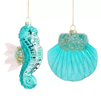 North Pole Trading Co . Teal Sea Horse And Oyster Set 2-pc. Christmas Ornament In Green