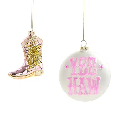 North Pole Trading Co . Yee Haw And Cowboy Boot Pink 2-pc. Christmas Ornament