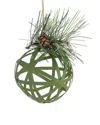 NORTHERN LIGHTS NORTHLIGHT 5IN GREEN RATTAN STYLE CHRISTMAS BALL ORNAMENT WITH PINE CONE