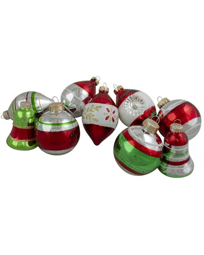 Northern Lights Northlight 9ct Silver And Red Striped 2-finish Glass Christmas Ornaments 3.25in In Multi