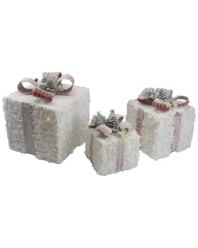 Northern Lights Northlight Set Of 3 Led Frosted Rattan Christmas Gift Boxes With Pinecones -  10in In White