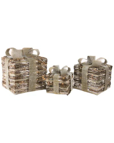 Northern Lights Northlight Set Of 3 Lighted Rattan Gift Boxes With Burlap Bows Tabletop Christmas Decorations 9.75in In Brown