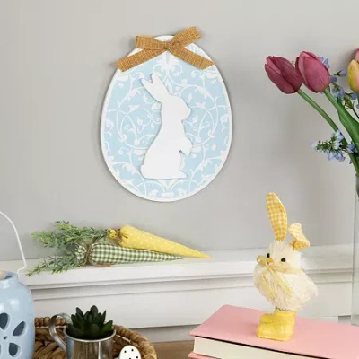 Northlight 10" Blue Egg With Bunny And Burlap Bow Wooden Wall Sign